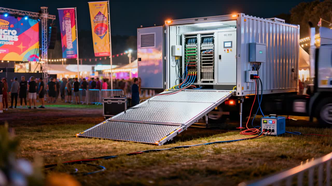 Technik v tmavém tričku reaguje na světelnou narážku na pódiu, připojuje vícebarevné kabely a napájí festivalové racky.