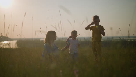 a tranquil moment in a grassy field, where a woman sits while a little boy bends beside her, and another boy stands close. they joyfully blow bubbles into the air, basking in the warm glow of sun