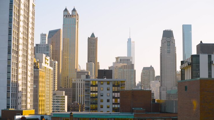 Vista panorâmica do horizonte do centro de Chicago ao pôr do sol