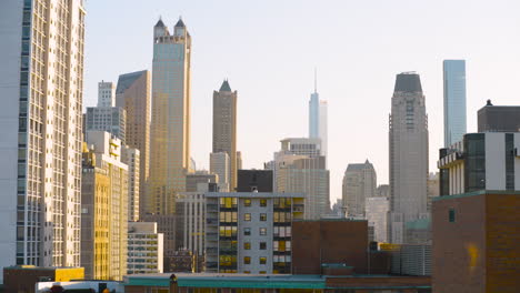 wide shot of the downtown chicago skyline at sunset