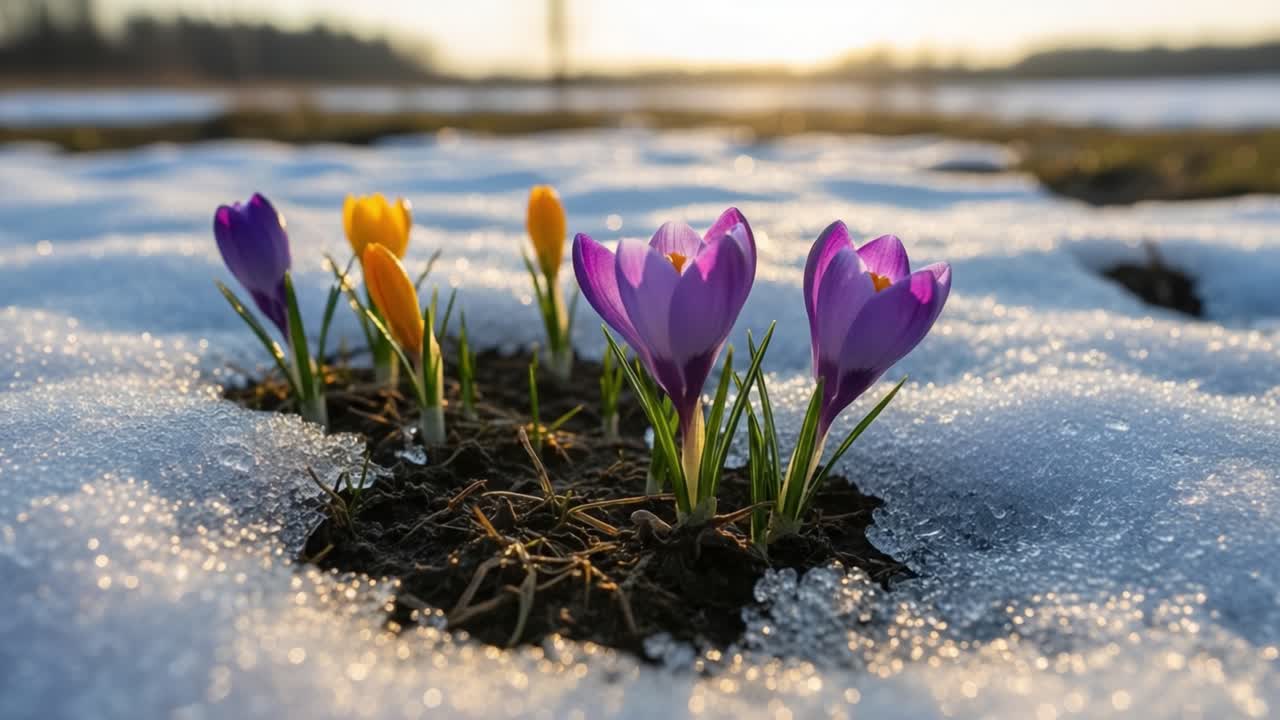 Beautiful Spring Crocuses Blooming Through the Melting Snow, Showcasing Nature's Resilience and the Arrival of Warmer Days in a Serene Landscape