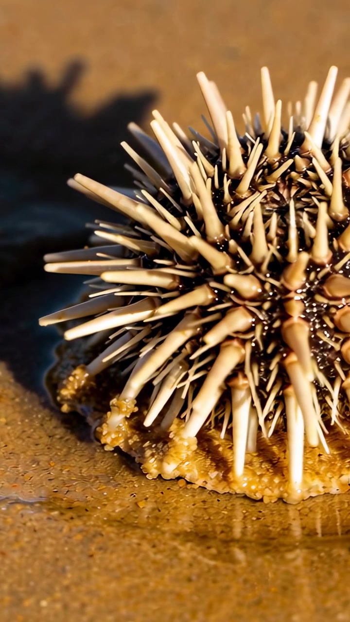 Video verticale: Telecamera che si avvicina lungo una pozza di sabbia bagnata, rivelando spine di riccio di mare, con spazio per il testo.