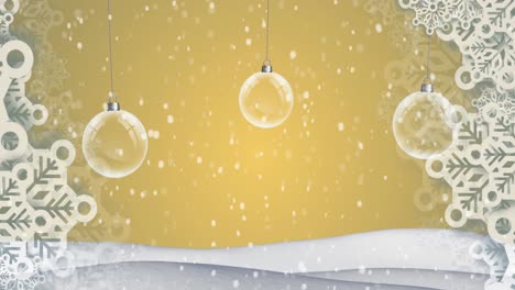 animation of christmas clear baubles dangling and hanging with snow falling on yellow background