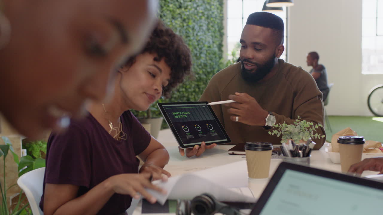 african american business people meeting creative graphic design team brainstorming marketing ideas team leader businessman using tablet computer technology in office boardroom sharing strategy