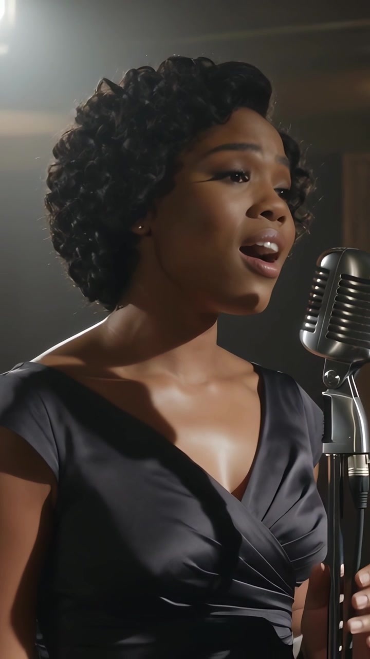 Vertical video: Pulling focus on singer in satin dress singing into vintage mic, for studio session