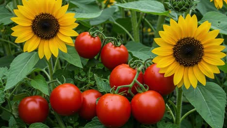 a vibrant display of fresh sunflowers and ripe tomatoes growing together in a lush garden, showcasing nature's bounty and colorful abundance