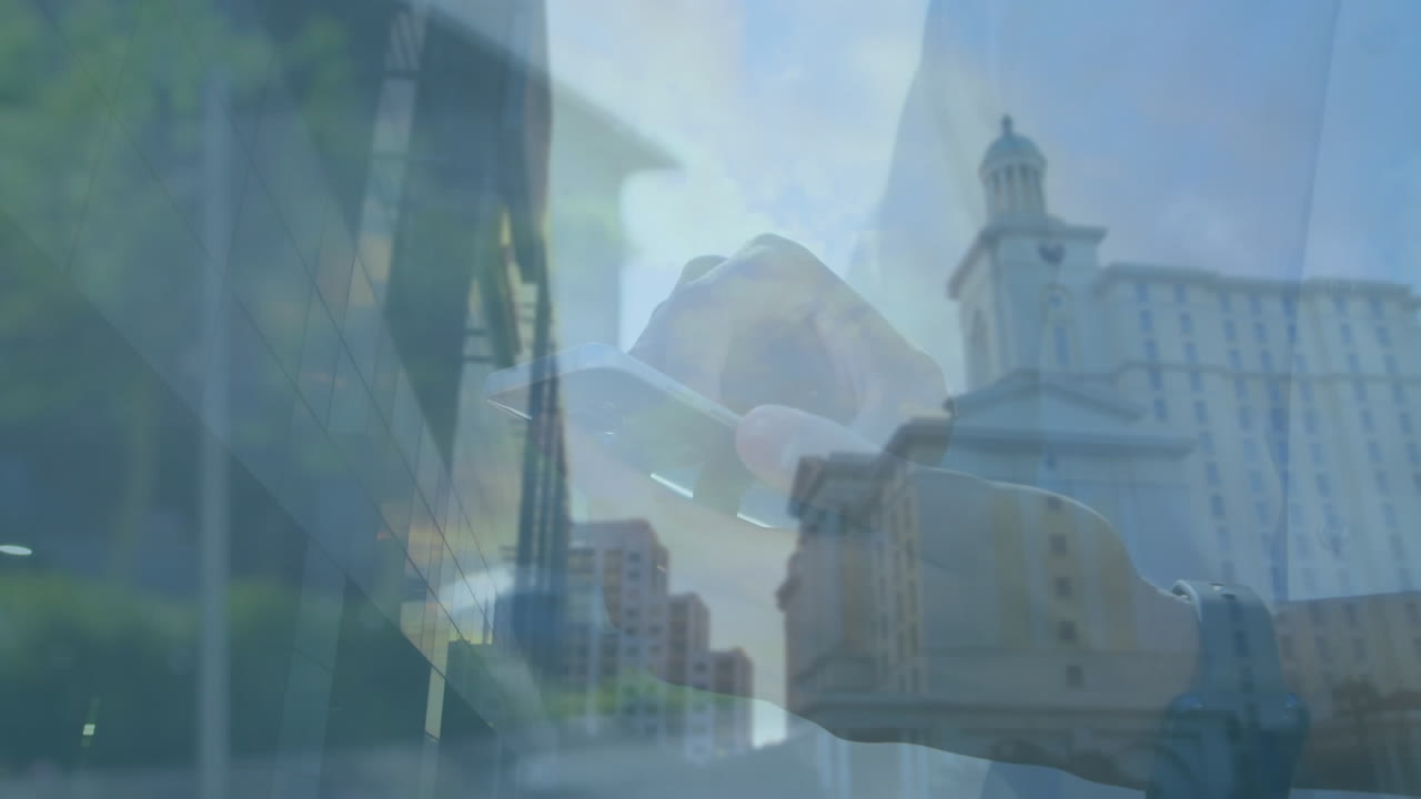 스마트폰을 사용하는 아프리카계 미국인 남성의 도시 풍경 애니메이션.