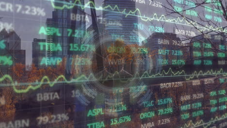 animación del círculo de procesamiento, datos financieros y gráficos sobre el paisaje urbano