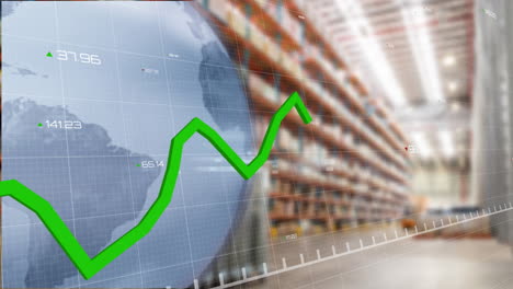 animation of financial data processing over globe and warehouse