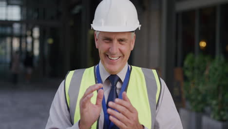 portrait happy senior construction engineer man laughing clapping hands enjoying successful engineering career wearing hard hat safety helmet slow motion professional occupation