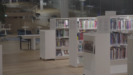 empty closed public library with reading area with white book cases