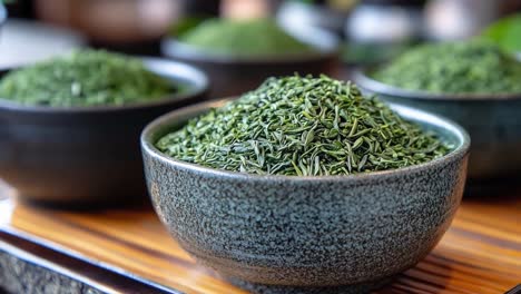 bowls of loose leaf green tea