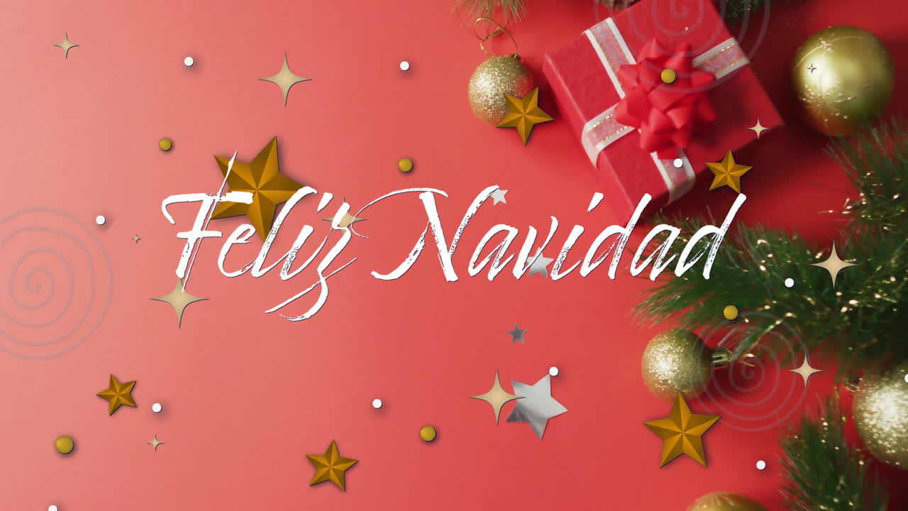 Animation of feliz navidad text over christmas decorations and present