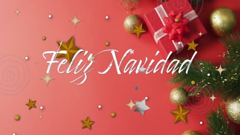 animation of feliz navidad text over christmas decorations and present