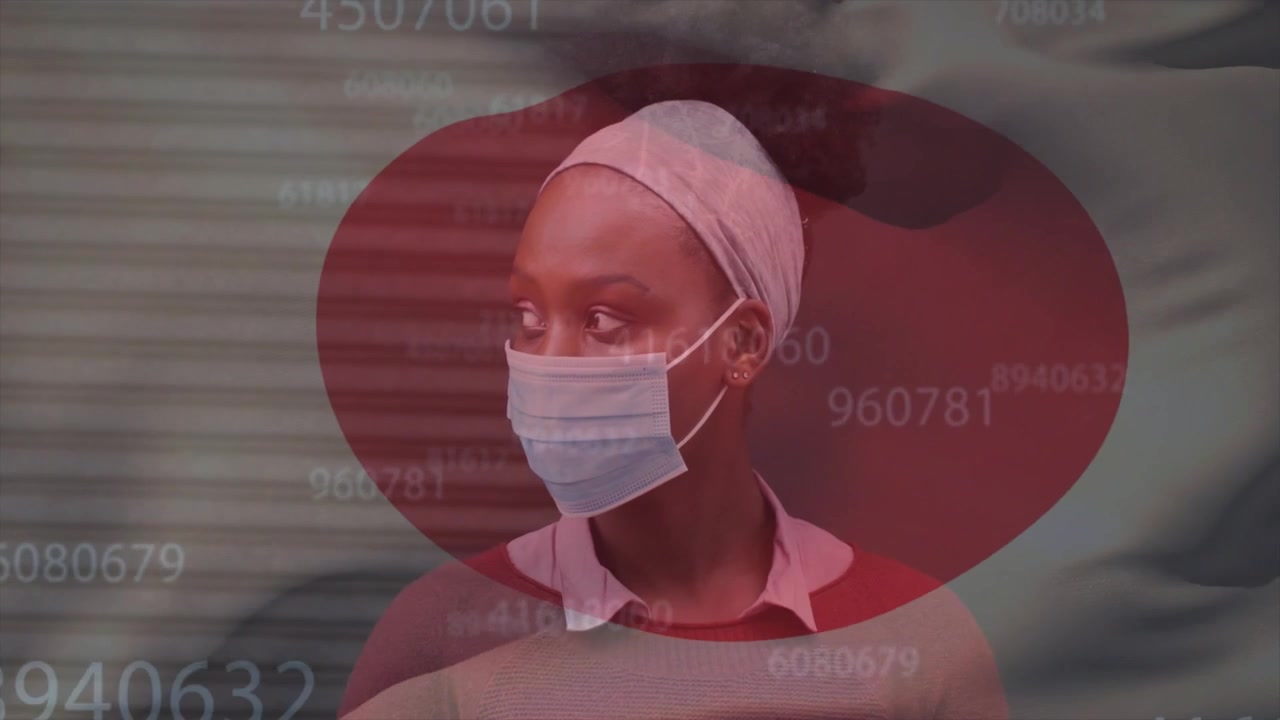 Woman scanning left while numeric data fading in, causing health monitoring overlays accenting face