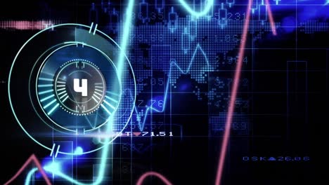 Animation-of-countdown-over-round-scanner-against-stock-market-data-processing-over-world-map