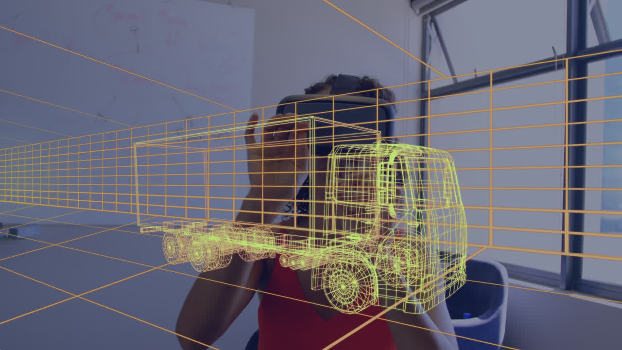 animación de dibujo 3d digital de un coche sobre una mujer usando auriculares vr