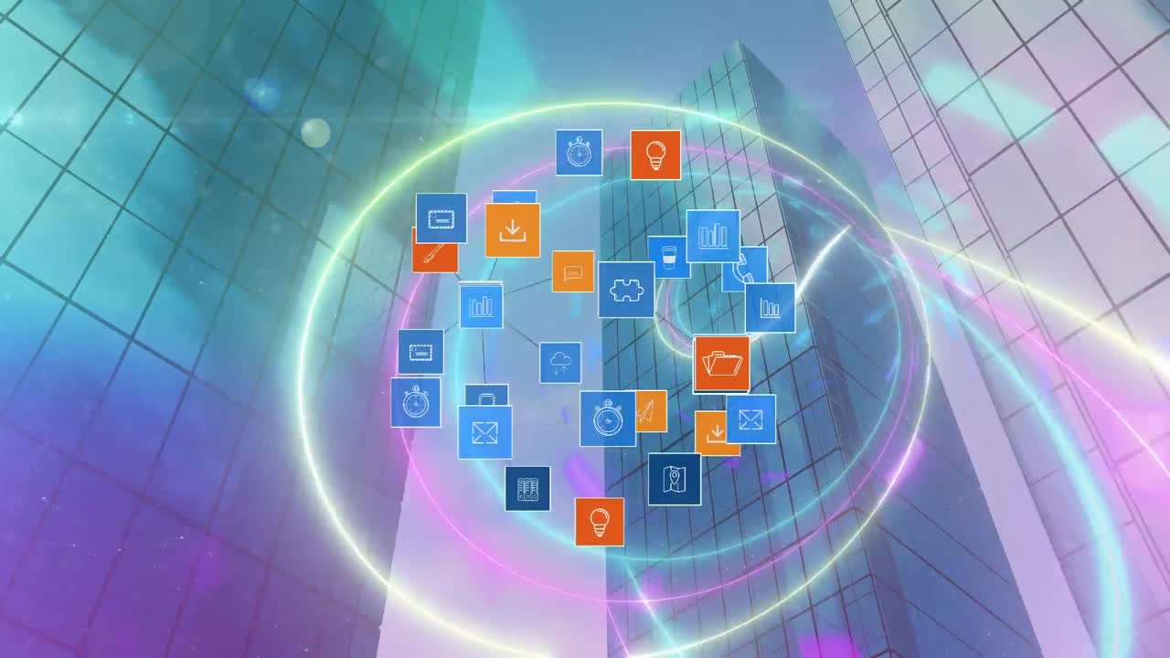 높은 건물 들 에 비해 빛나는 터널 위 에 있는 디지털 아이콘 들 의 지구