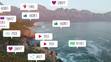 animación de iconos de las redes sociales sobre la costa y el paisaje marino