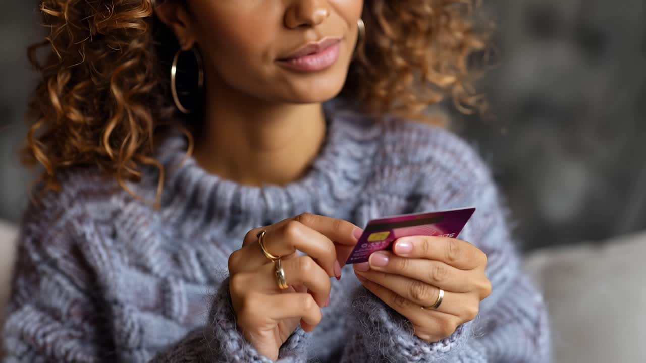 Uma jovem com cabelo encaracolado e um suéter aconchegante examina pensativamente seu cartão de crédito, mostrando um momento de contemplação e consideração financeira em casa.
