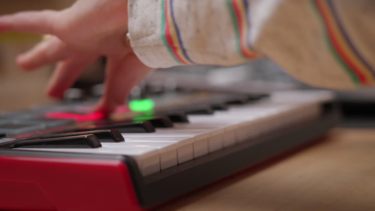 un primer plano de las manos de un niño tocando un teclado electrónico, mostrando sus habilidades musicales y creatividad