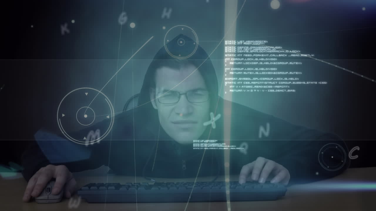 Animation of text access denied, over login interface processing and hacker using computer