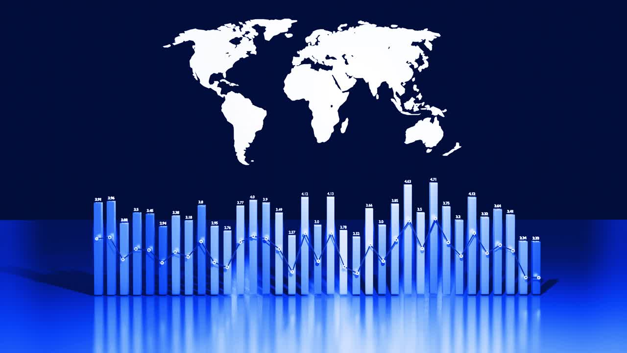abstractas columnas hermosas forman gráficos y con el mapa del mundo forman un panel de información como bg en bucle para espectáculos analíticos. datos globales, estadísticas abstractas en todo el mundo como información bg