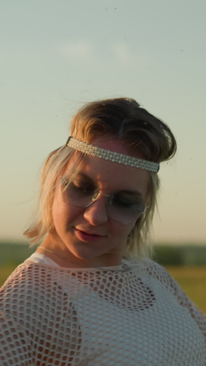 una mujer alegre con una cinta para la cabeza y gafas de sol baila libremente, levantando las manos en un campo abierto de hierba, mientras que la figura borrosa de otra persona se puede ver en el fondo