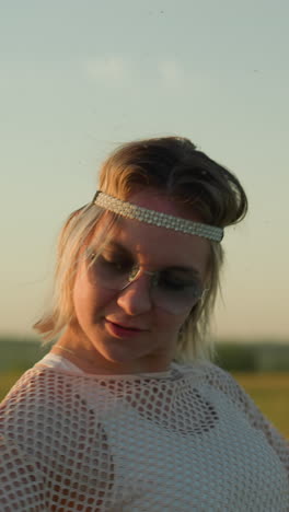 a joyful woman wearing a headband and sunglasses dances freely, raising her hands in an open grassy field, while the blurred figure of someone else can be seen in the background