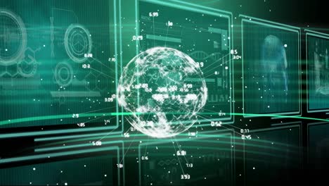 animation of globe with numbers over digital screens