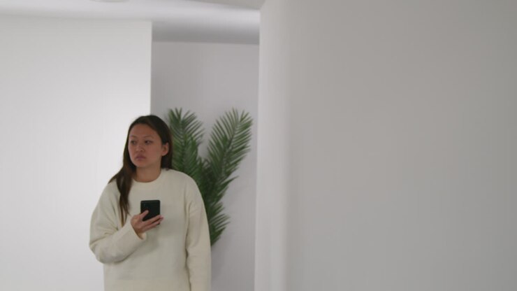 Donna stressata o ansiosa seduta sul pavimento appoggiata al muro a casa, che reagisce a una notizia, un messaggio o una storia di internet o dei social media sul telefono cellulare.