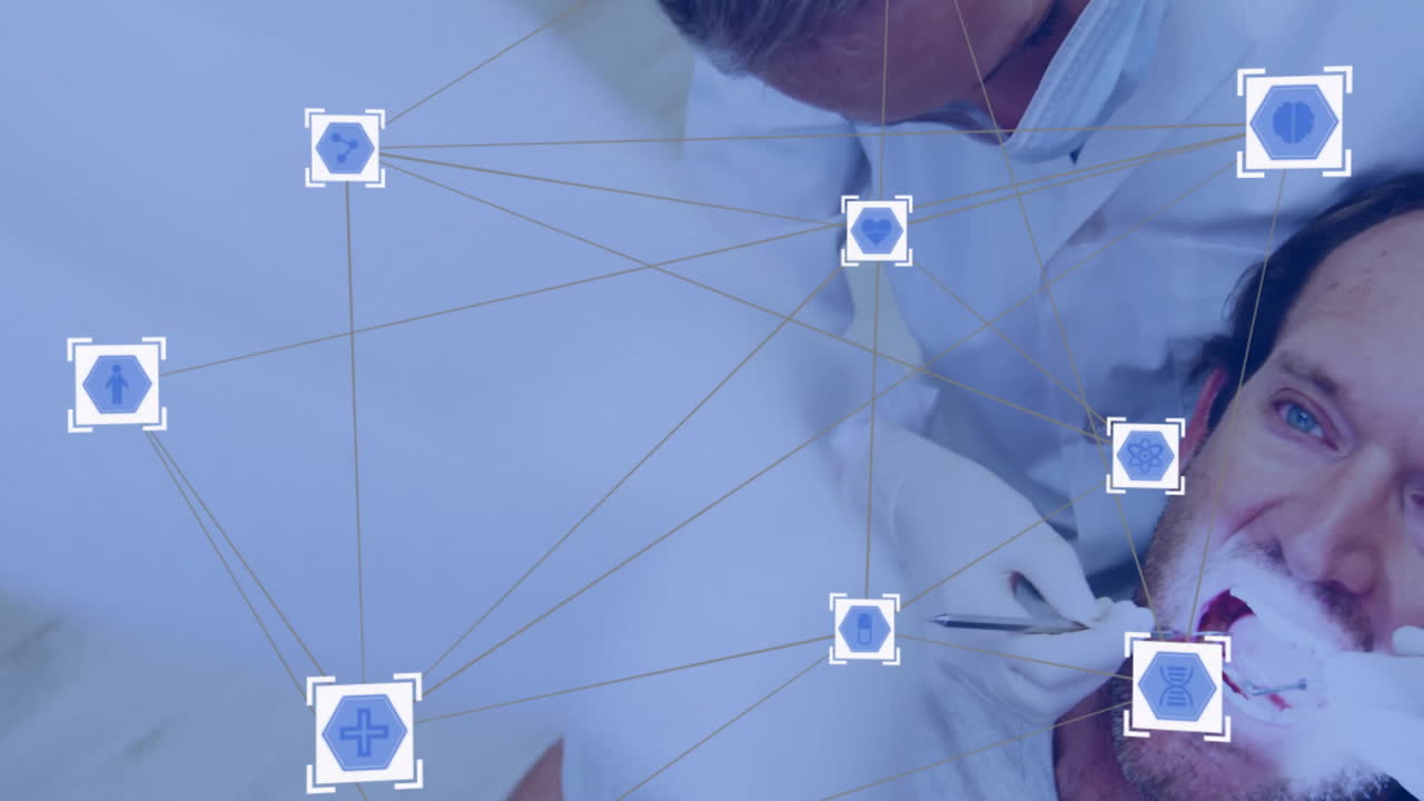 Medical icons and network connections animation over healthcare professional treating patient