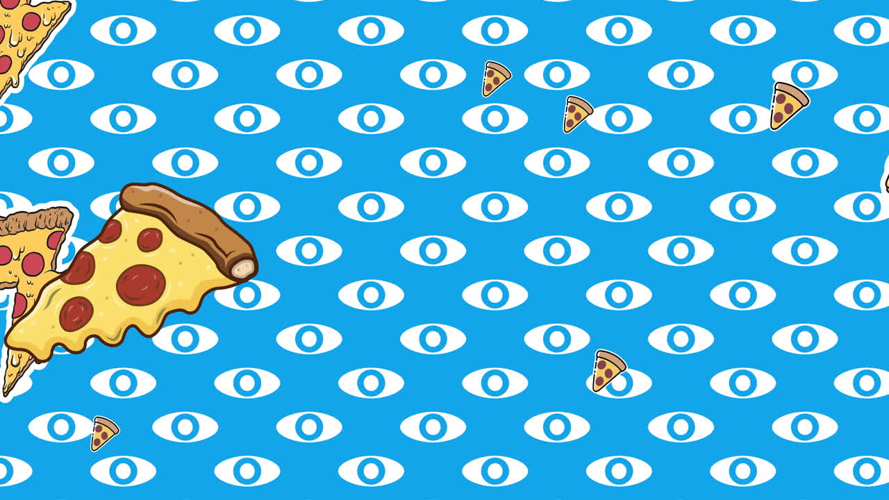 파란색 배경에 피자와 눈 아이콘의 애니메이션