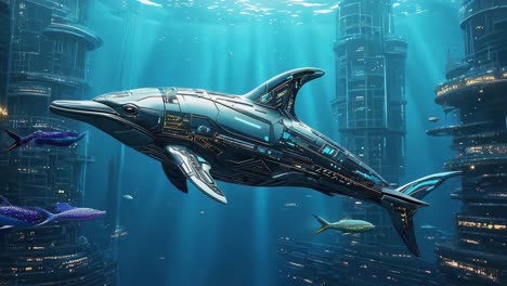 robotic dolphin swims through a futuristic underwater city