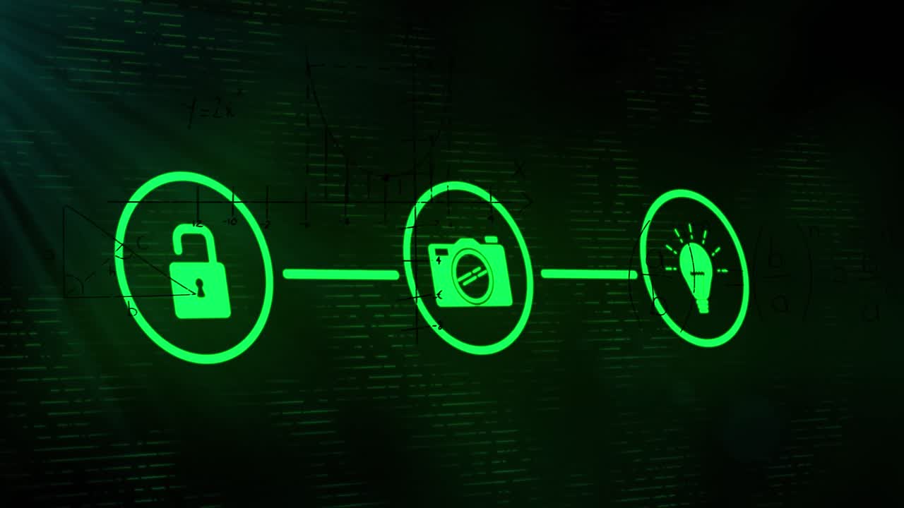 animación de la red de conexiones con iconos sobre ecuaciones matemáticas sobre fondo negro
