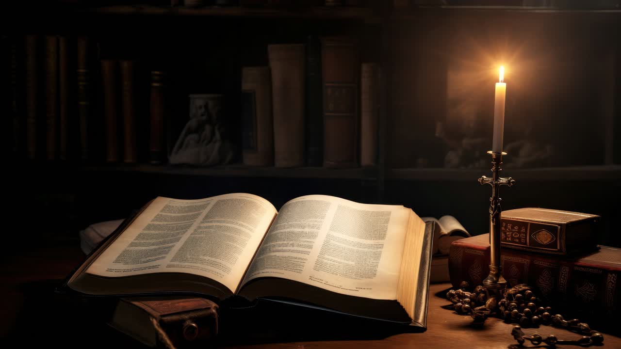 A dimly lit, vintage-style video scene of an open book and candle on a wooden table