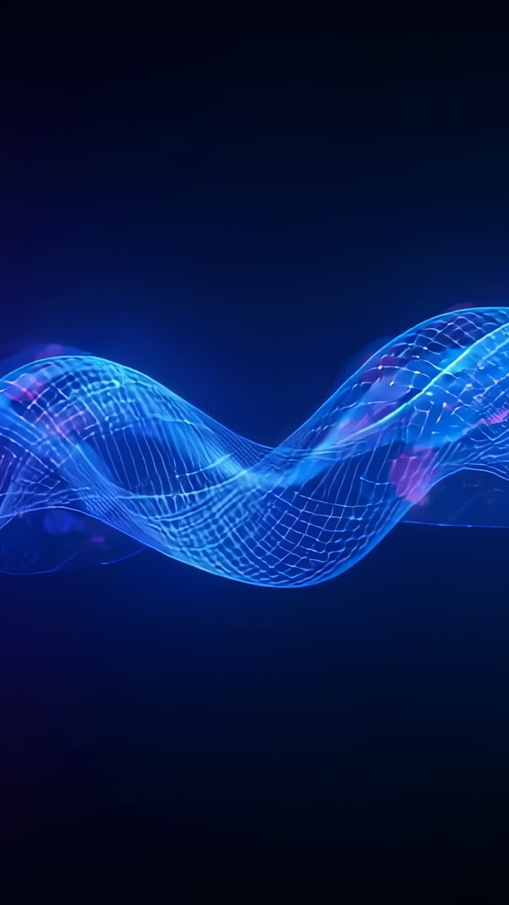 Vertical video: Crest forming driving rippling blue mesh ribbon across navy gradient with pink orbs