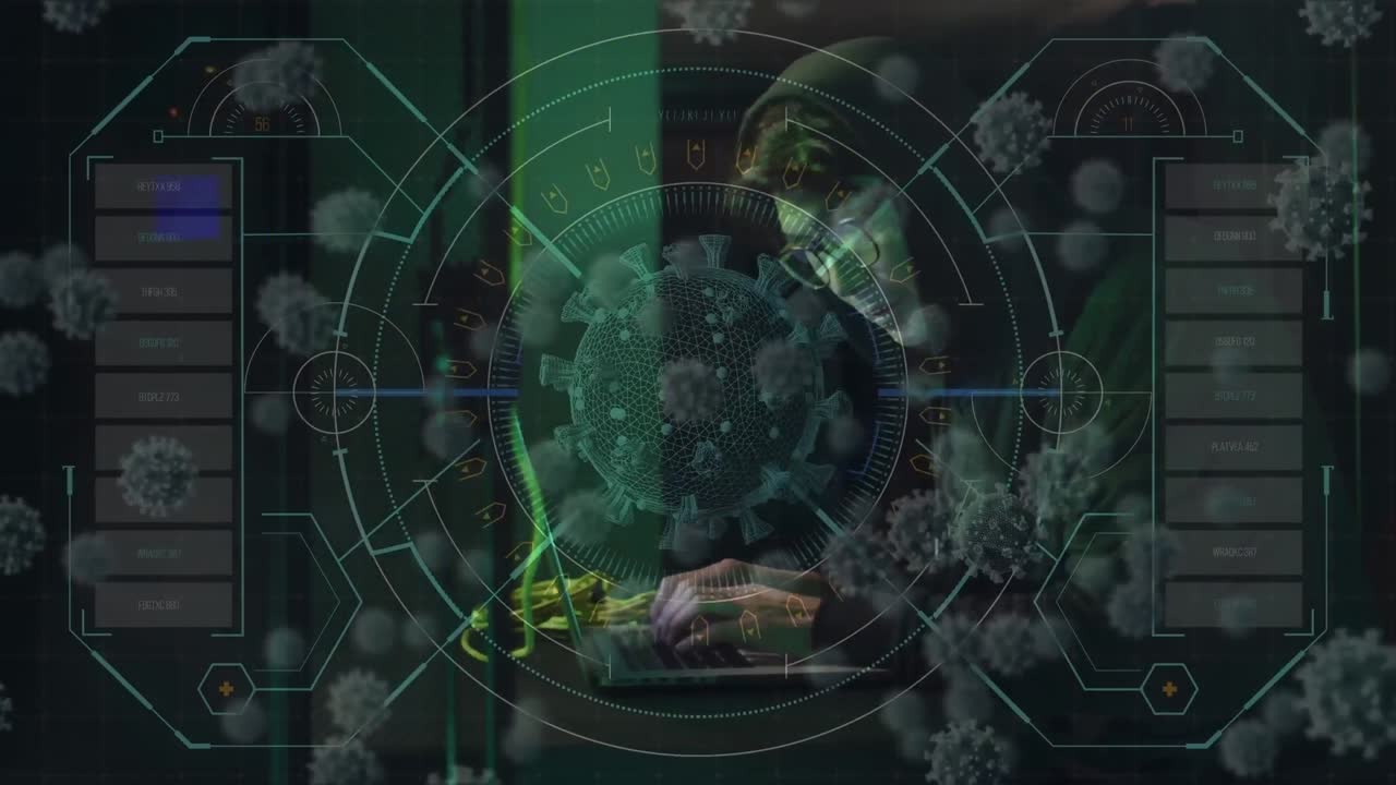 animación de procesamiento de datos y células de virus sobre hacker masculino asiático en la sala de servidores.