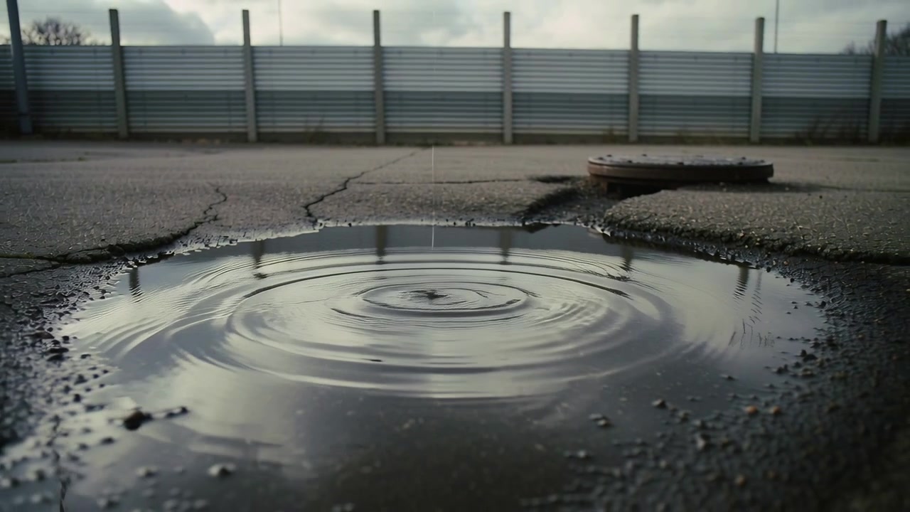 Rippling puddle sending ripples after single gravel impact on cracked asphalt, manhole