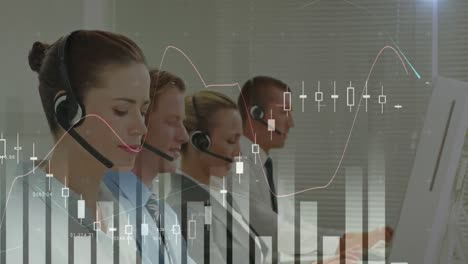 Animation-of-statistics-recording-over-business-people-using-phone-headsets