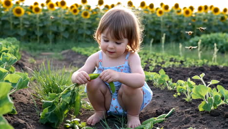 a child playing in a garden with sunflowers