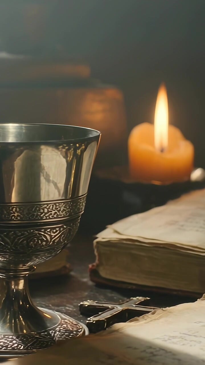 Vertical video: Panning cam silver cup glowing moving left on table showing books cross, copy space