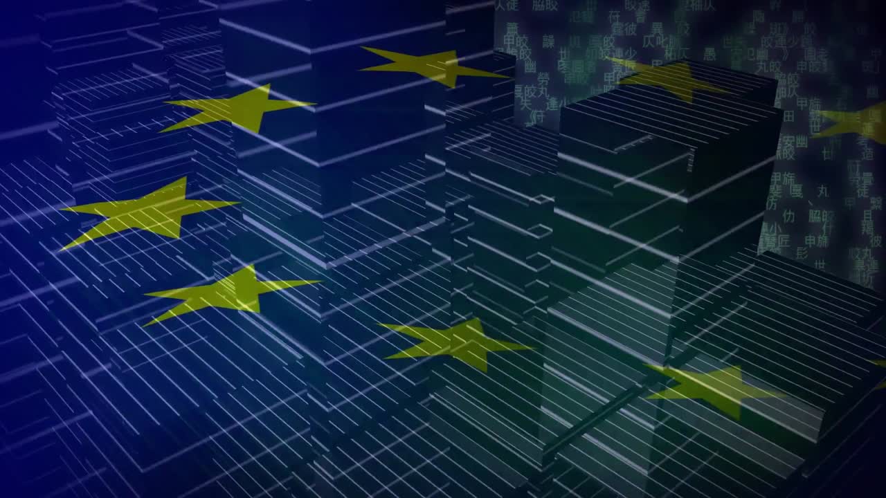 고층 건물 의 회전 모델 위 에 있는 유럽 연합 의  ⁇ 발 의 애니메이션