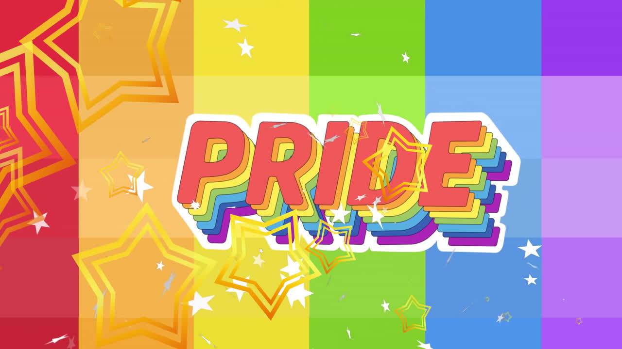 Animation of floating stars over pride text on rainbow background