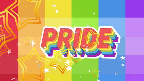 animation of floating stars over pride text on rainbow background