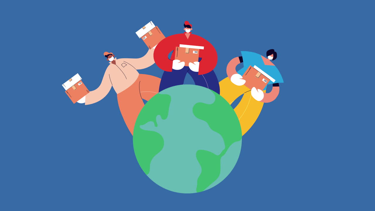 상자 애니메이션을 가진 배달 서비스 노동자