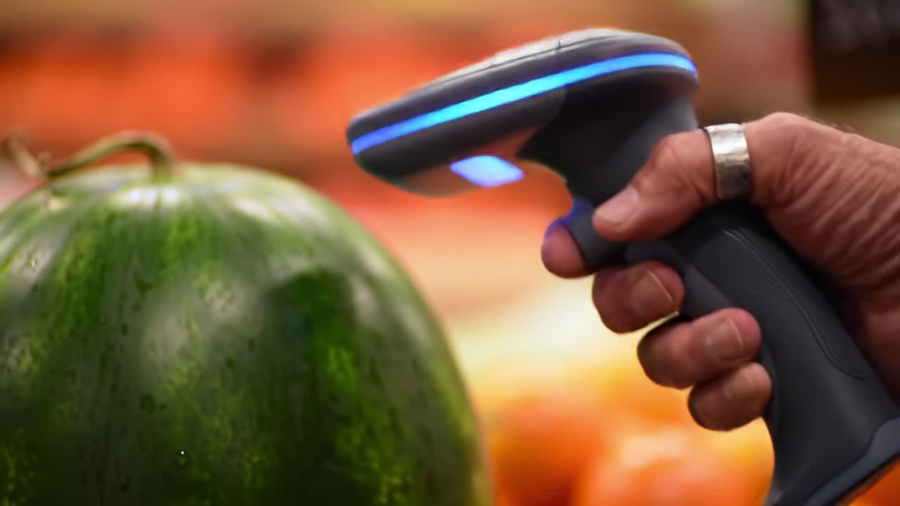 A close-up view of a hand holding a scanning device aimed at a watermelon, showcasing the colorful produce in a grocery store environment with vibrant colors and textures.