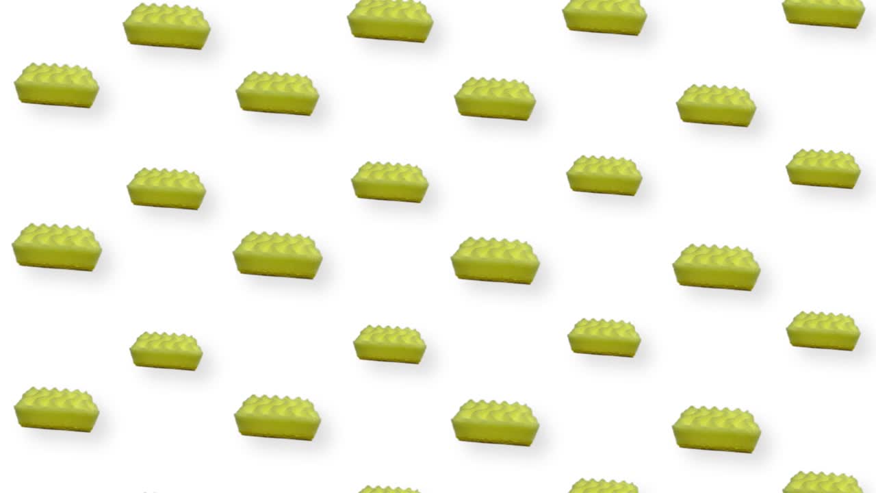 색 배경에 노란색 주방 스폰지의 다채로운 패턴, 스폰지와 함께 무 없는 패턴,  뷰, 현실적인 애니메이션, 4k 비디오 모션