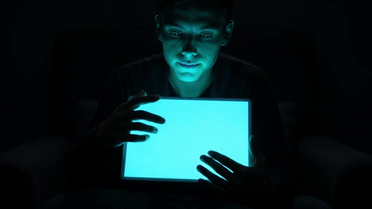 Young Man Interacting with Glowing Tablet Screen in Dark Room