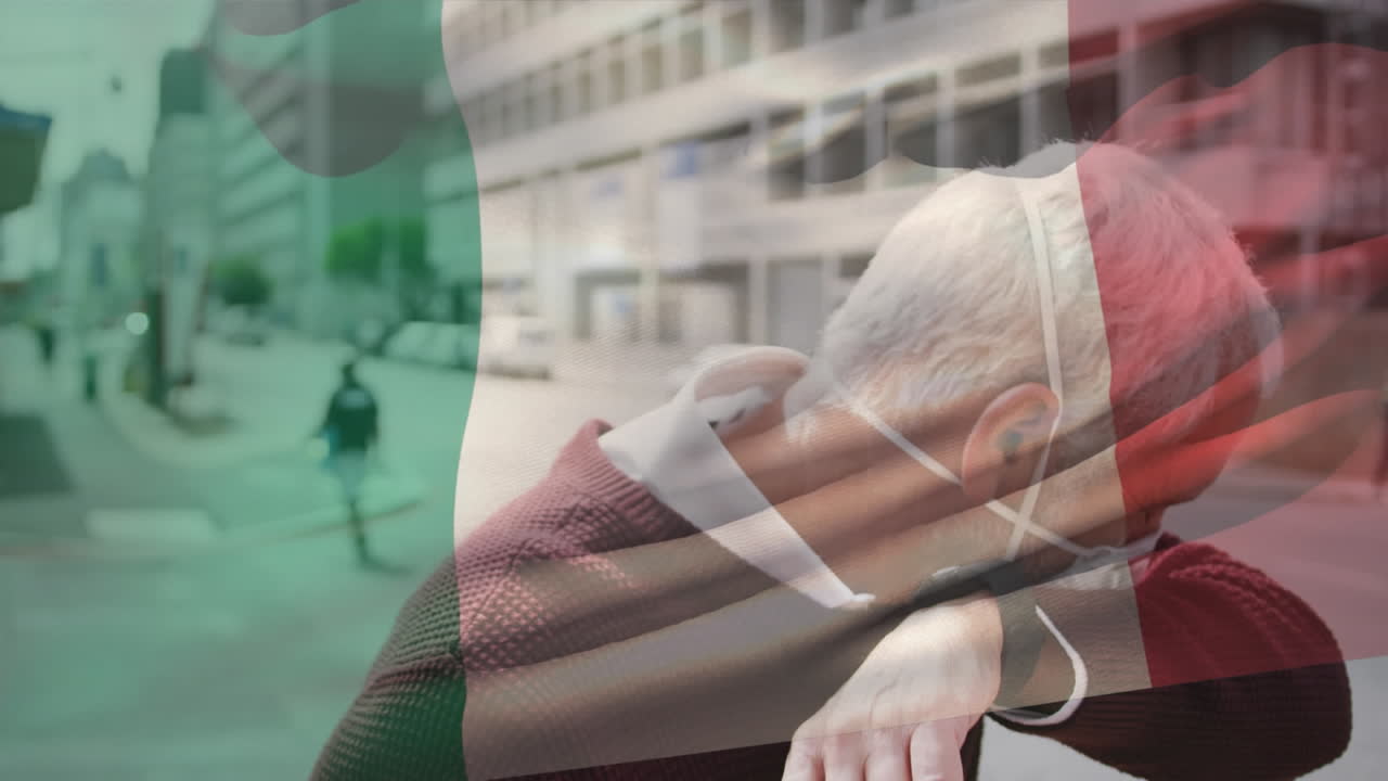 얼굴 마스크를 쓴 백인 남자가 이탈리아 국기를 흔들고 있는 애니메이션